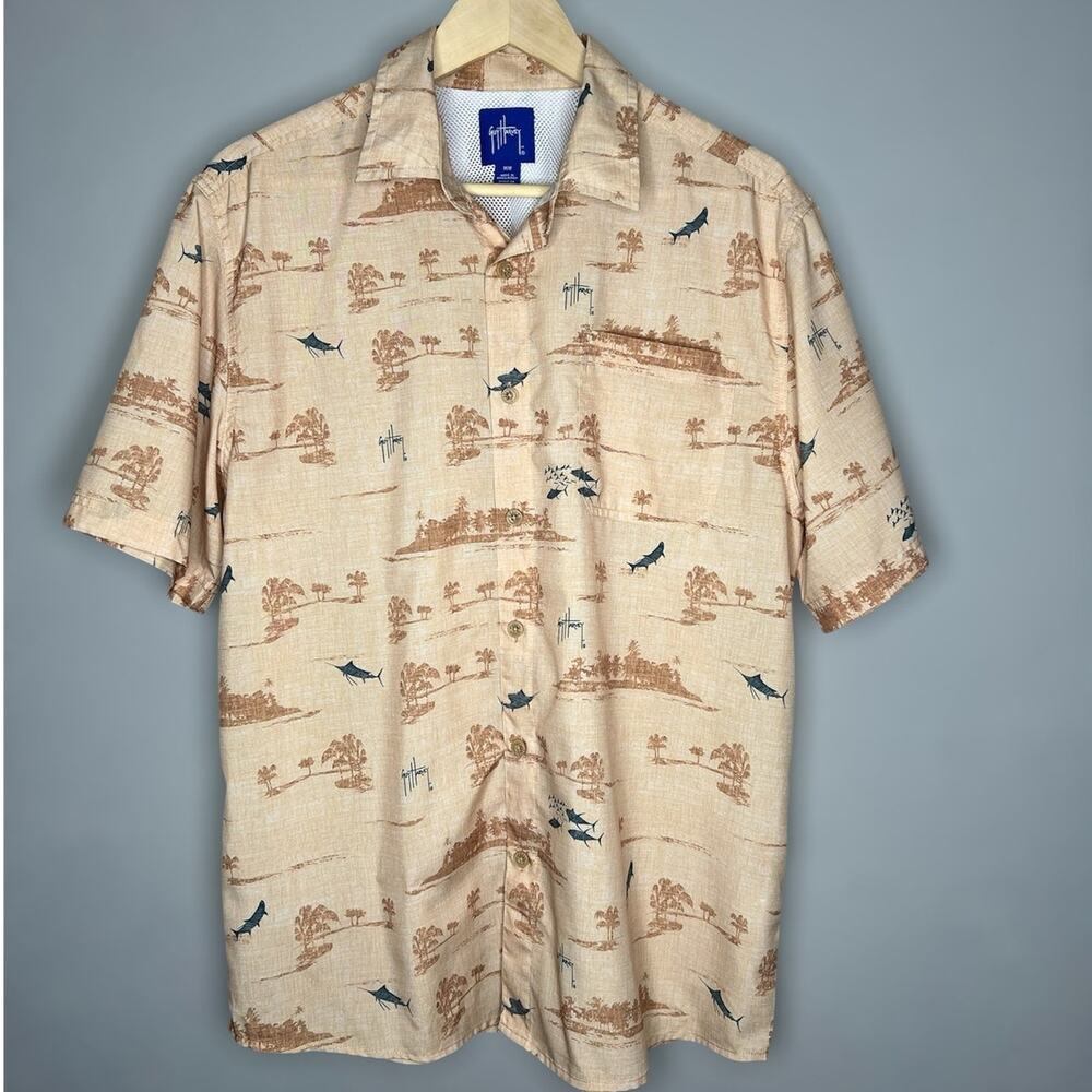 Guy Harvey Fishing Shirt Medium Mens Tan Swordfish Button Down Sportsman Outdoor